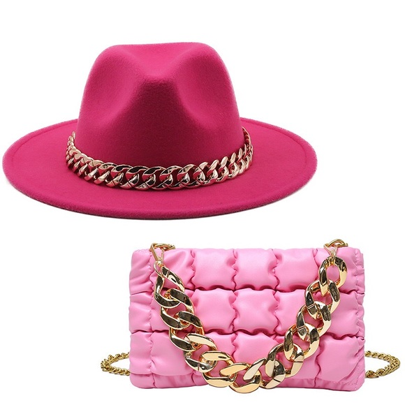 NWOT Stunning 2 pcs Set/Hot Pink Big Brimmed Fedora Hat/Chain Purse - Picture 5 of 6